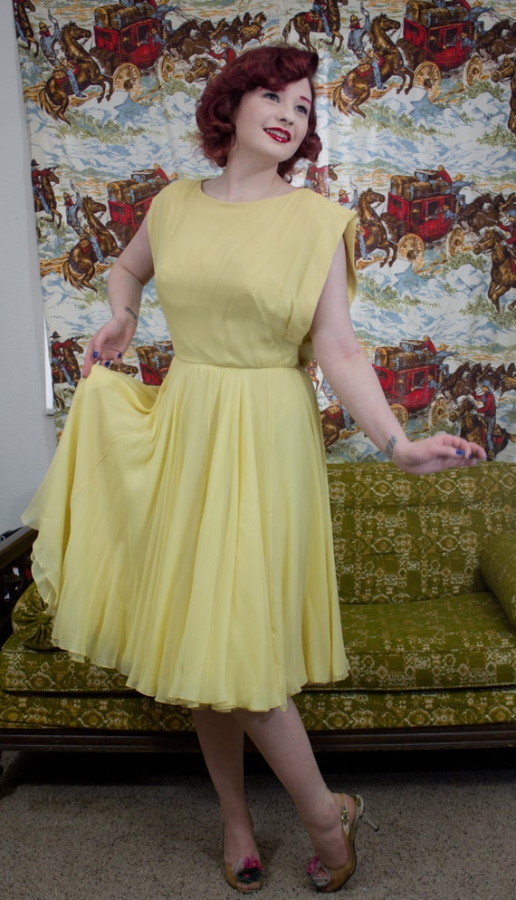 Items similar to 1950s yellow Dress || 50s Chiffon Dress | 50s Day ...