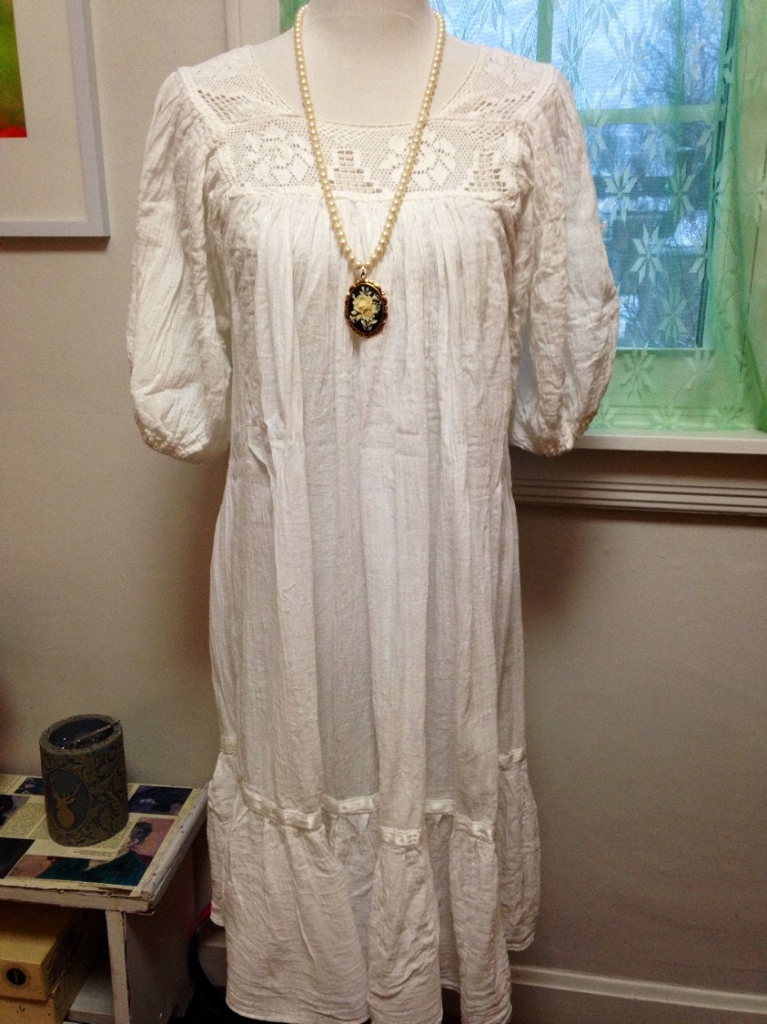 White Gauze Beach Dress Crochet Peasant dress 2 piece set