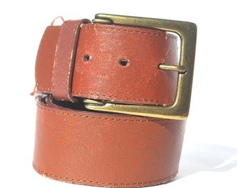 Vintage 80s Express Tan Brown Wide Leather Belt with Gold Brass Bronze Square Buckle