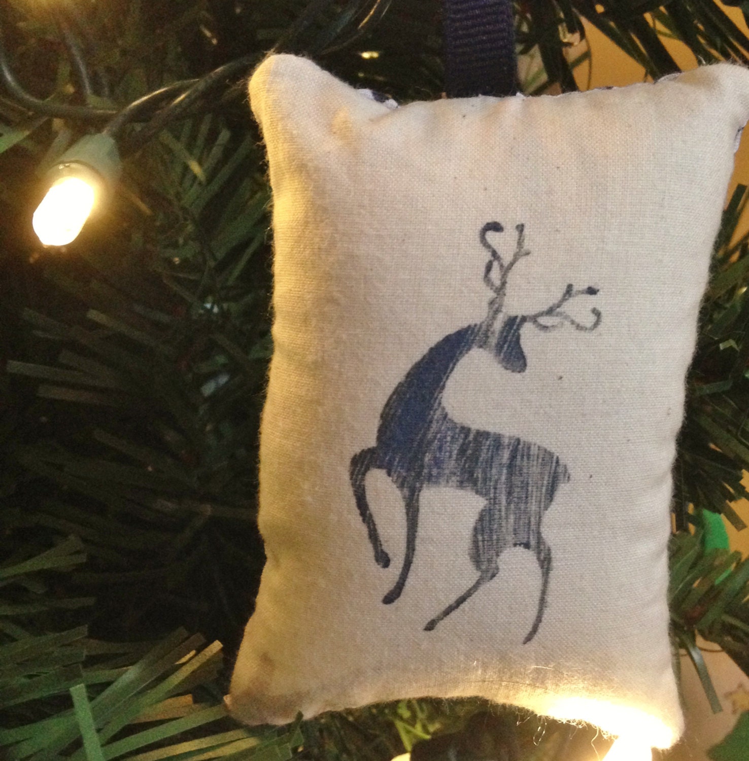 Blue Reindeer Stamped Pillow Christmas Tree Ornament FREE SHIPPING!