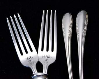 Stamped Fork Vintage Silverware, Mr Mrs Wedding Fork, Engagement Gift. Hand Stamped Dinner Forks Gift for Bride, Something Old
