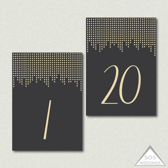 black and gold glitter printable table numbers by sosweddings