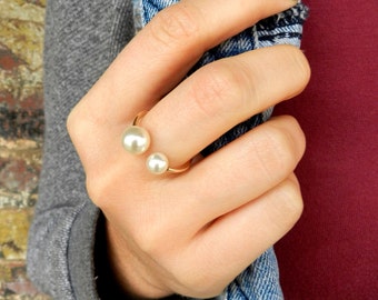Gold Fill Double Pearl Ring, Gold Pearl Ring, Tiny Gold Ring, Midi Ring, Bridesmaid Jewelry Gift, Bridal Ring, Adjustable Ring, Midi Ring