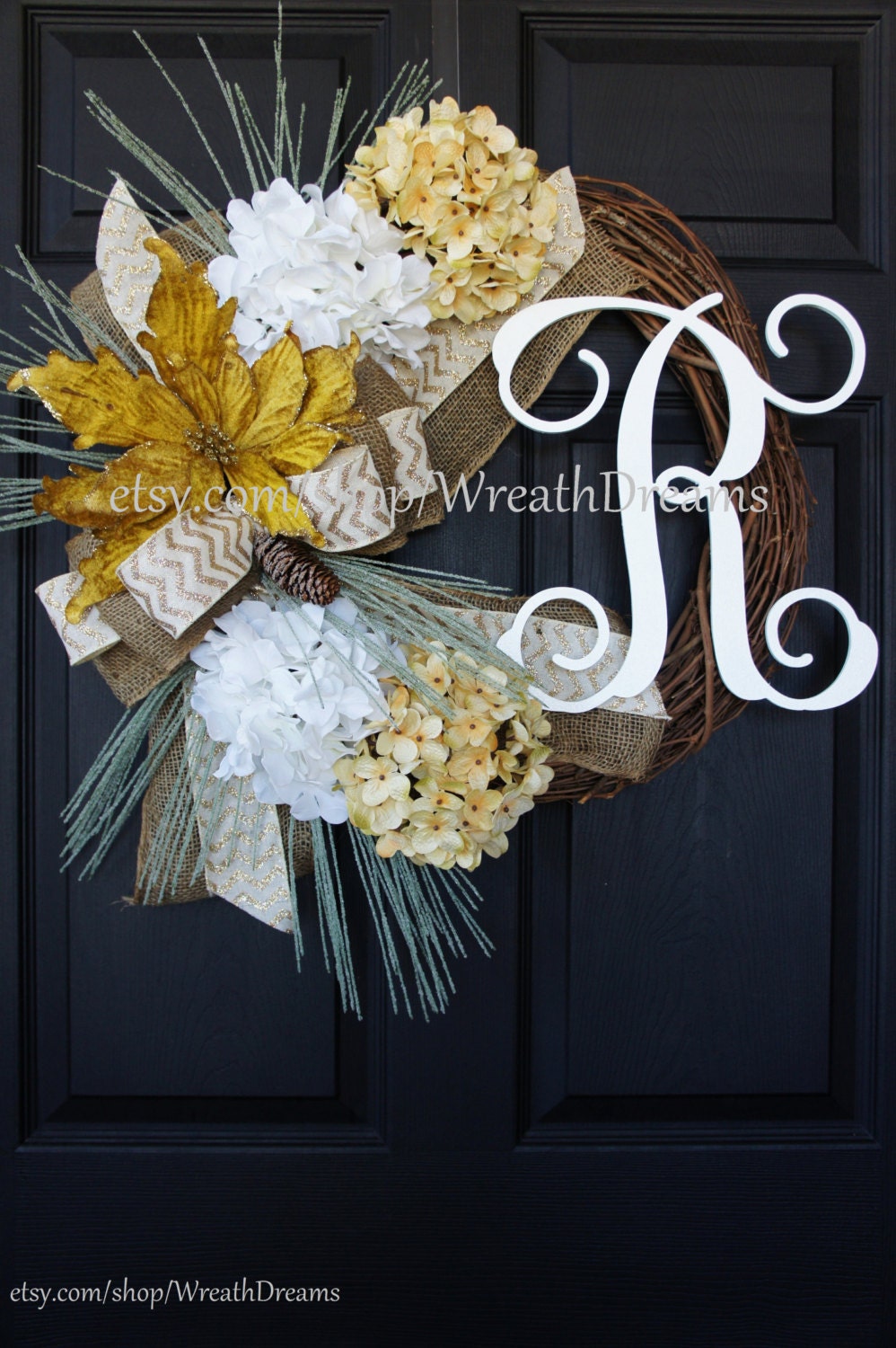 Christmas Wreath with Hydrangeas, Gold Poinsettia & Bulap Bow. Christmas Wreath. Winter Wreath. House Warming Gift. Christmas Gift.