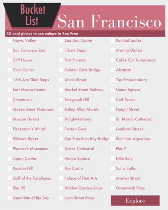 San Francisco California Bucket List Wall Art 50 Fun Things