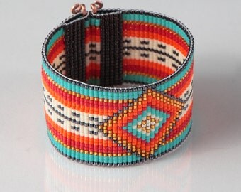 Mexican Serape Bead Loom Bracelet Artisanal Jewelry Southwestern Orange ...