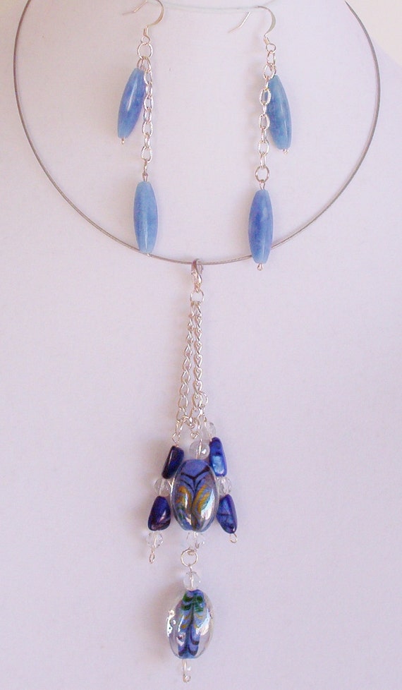 Items similar to Blue Cluster Bead Pendant Wire Necklace Earring Set ...