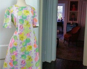 60s Mod Dress Plus Size Short Sleeve White Floral Shift Dress XXL