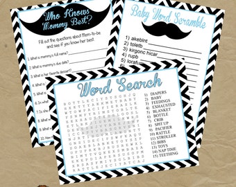 Mustache Baby Shower Game Pack - Instant Download - Black and Blue