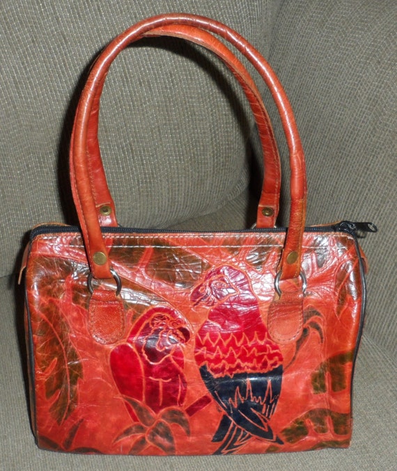 LEATHER HANDBAG/Made in India/1970&#39;s Leather Tooled by BYGONERA