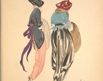 Elegant ladies in hobble skirts and feathered hats Fashion illustration from Robes et Femme 1913 by Enrico Sachetti reproduction