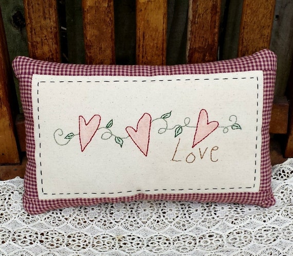 Hearts and Love Country Primitive Style Hand Stitched Embroidered Pillow - OFG, FAAP, HAFAIR