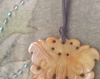 Antique Chinese Handmade Carved Brown Jade Butterfly Medallion Necklace