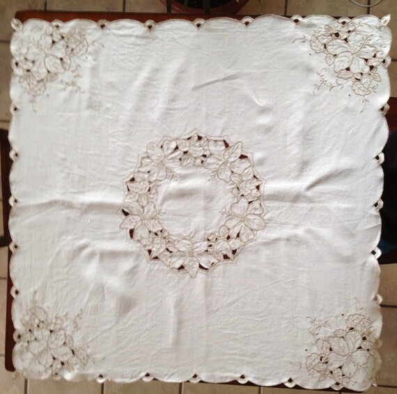 Square Linen Tablecloth Embroidered Square White by HeirloomDecor