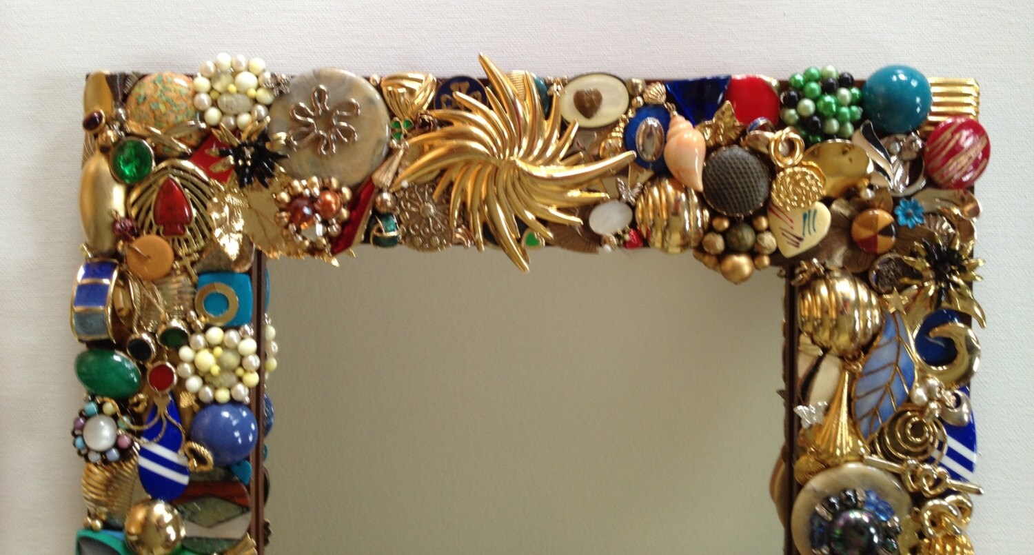 Mirror With Jeweled Frame Embellished Mirror Gold by HeirloomDecor