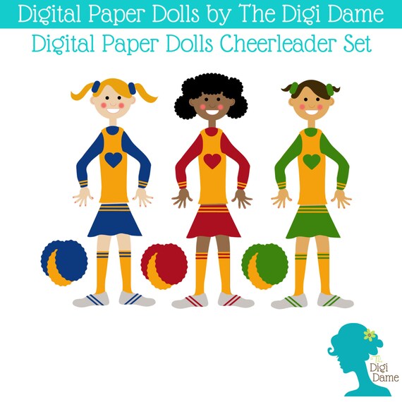 Printable Paper Dolls Digital Cheerleader Set Includes 3 Dolls and 3