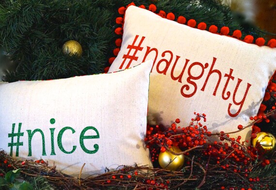  Hashtag  NAUGHTY and NICE pillow cover SET Whimsical Holiday 