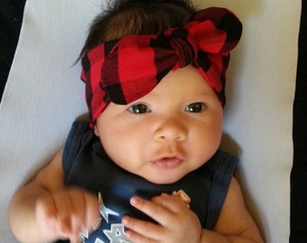 Black Red Plaid Headband, Baby Girl Headband, Knot Headband, Knotted Bow Headband, Cotton Spandex Knit Knot Headband