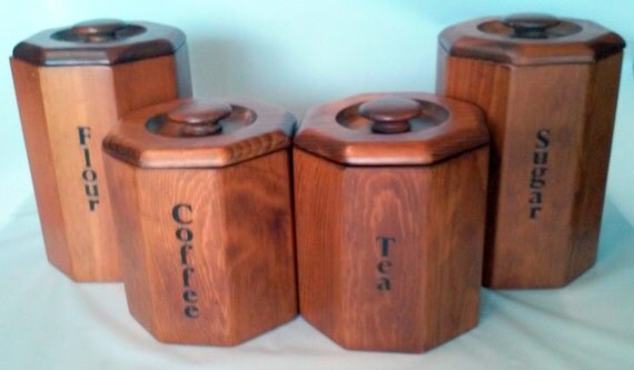 Vintage Retro Hexagon Shaped Wooden Kitchen Canister Set