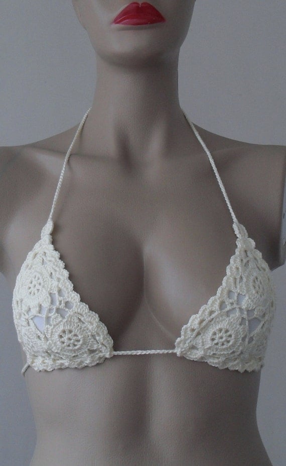 FREE SHIPPING Crochet Cream Full Lined Bikini Top by formalhouse