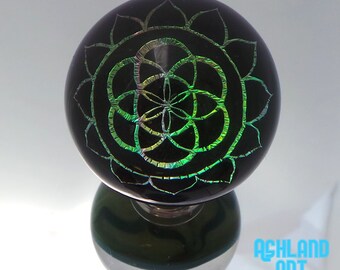 34mm Rainbow Metallic Seed of Life Sacred Geometry Dichroic Image Borosilicate Glass Marble with decorated back- 45 grams