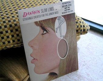 Vintage Seamless Nylon Stockings, Danskin, Junior Miss, Honey Tan Seamless Stockings, Size 10-10 1/2