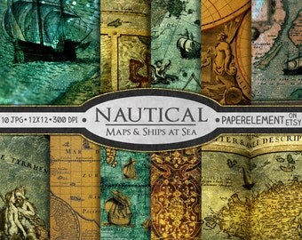 Nautical Scrapbook Paper: Nautical Digital Paper, Sea Digital Paper, Map Digital Paper, Nautical Background, Printable Nautical Paper 12x12
