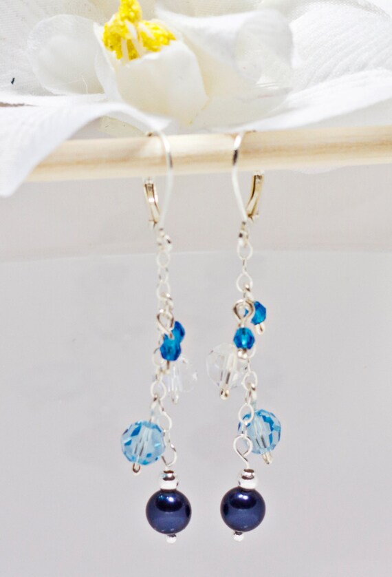 Items Similar To Blue Earringssilver Sterling Leverback Earrings Blue Crystalsdangle Earrings 3700