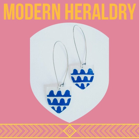 Modern Heraldry Shield Earrings | Azure Blue & White Design from 13h Century England on Sterling Silver Earwires