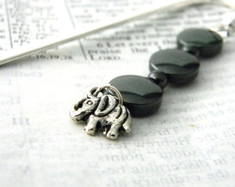 Elephant Bookmark with Black Hematite Beads Shepherd Hook Steel Bookmark Silver Color