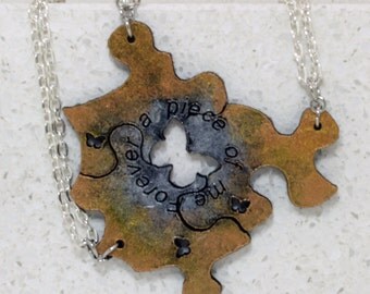 Friendship Puzzle Piece Necklaces or Key chains Set of 3 Leather Pendants Silver and gold Forever a piece of me