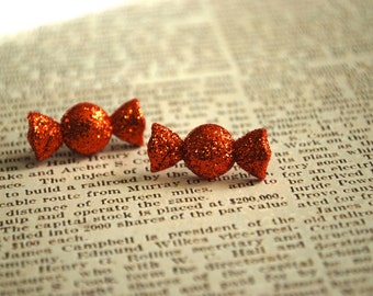 Candy Earrings -- Orange Candy Studs, Halloween Earrings, Glittery Orange Candy Earrings