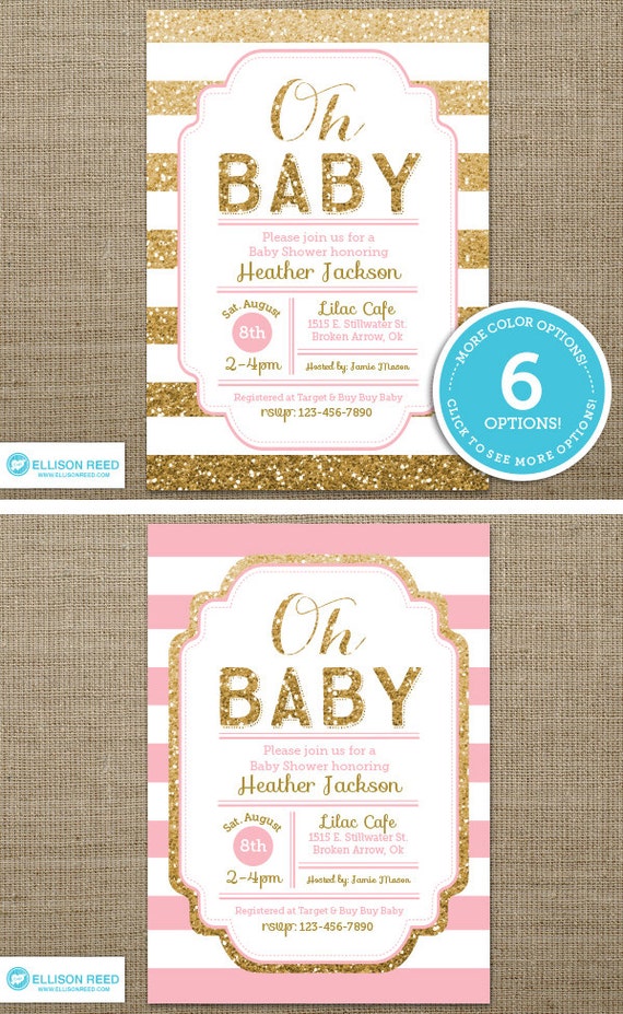 Gold Baby Shower Invitation - Pink and Gold Baby Shower Invitation - Gold Glitter invitation - Oh Baby - Girl Baby Shower - Printable invite Il_570xn
