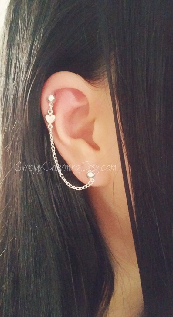 Tiny Heart Cartilage Chain Earrings Double Lobe Helix Ear Cuff