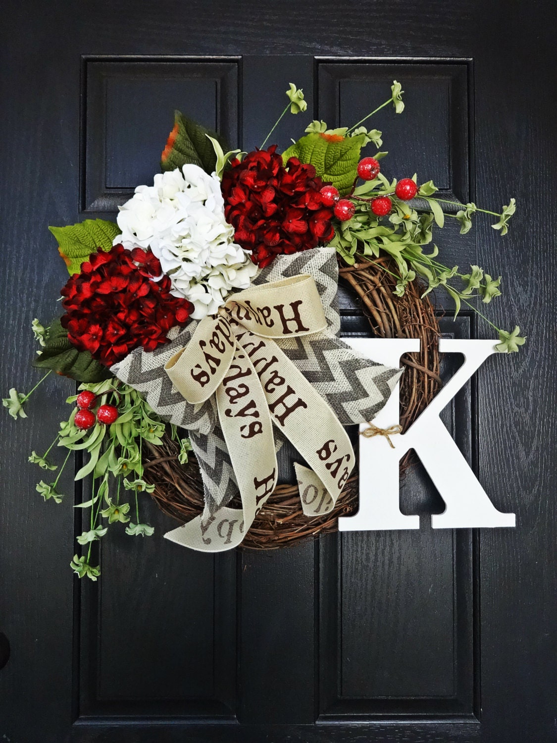 Happy Holidays Burlap Ribbon, Red and White Hydrangea and Chevron Burlap Wreath, Christms Wreath, Burlap Holiday Wreath, Chevron Christmas