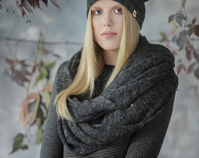 SALE 50% OFF Linen alpaca double layer slouchy beanie for woman / charcoal gray and mint / knitted alpaca wool linen hat / adult unisex cap