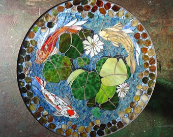 MOSAIC TABLE - koi fish ART - stained glass mosaic art - 30" round indoor or outdoor end side table top or patio mural