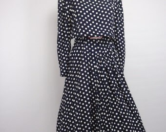 1980s does 1950s Ed Michaels Navy Blue and White Polka Dot Rockabilly Dress, Vintage, 1980s dress, 1950s dress, Pinup Dress, 1950s, 1980s