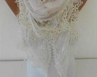 Lace Scarf White Scarf Shawl Tulle Cowl Scarf White Wedding Scarf Bridal Accessories Gift Ideas For Her Women Fashion Accessories DERINS