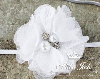 Baptism Headband, Baby Christening Headband, White Baby Headband, Newborn Baby Girl Headband, Chiffon Flower Head Band, Dainty Headband