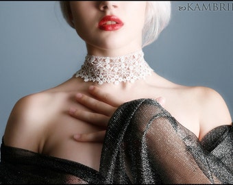 Lace Spiderweb Choker by Kambriel - Made from Vintage English White Cotton Lace