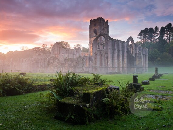 Ancient Abbey Ruins at Sunset. Misty UK Landscape Architecture Photography Print.