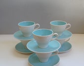Harkerware 6 cups and saucers / Vintage Dinnerware 1950s  Atomic Mid Century / turquoise blue and white