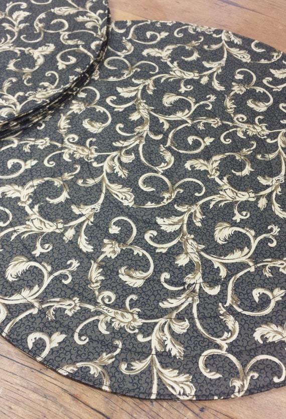 5 Round Quilted Reversible Placemats Black Gold by FeeneyLane