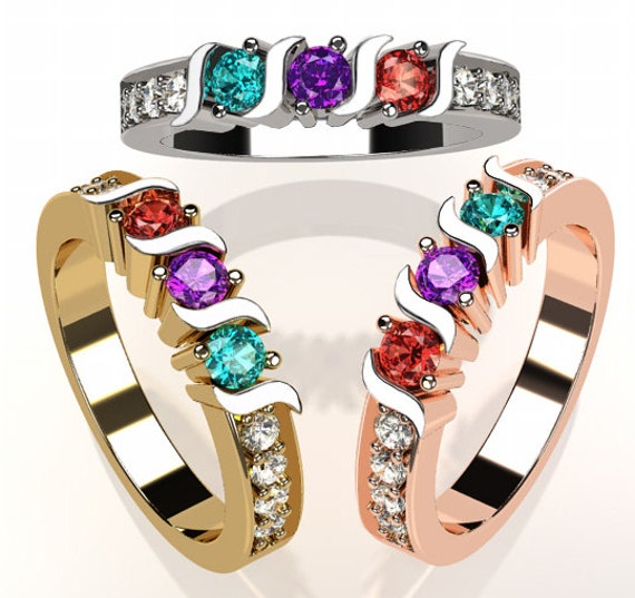 14k Personalized Mothers S Bar Ring Solid White Yellow Or Rose Gold  w/ 1 2 3 4 5 or 6 Birthstones And CZ Accents Family Jewelry