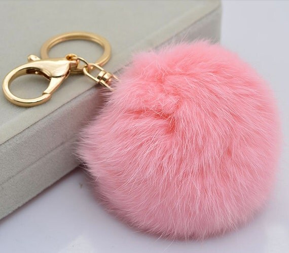 Pink Pom Pom key chain Genuine Rabbit fur ball by YogaStudio55
