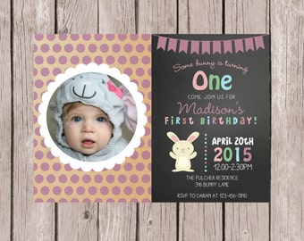 PRINTABLE- Bunny Birthday Invitation- Easter Birthday Invitation- Some Bunny Invite- Birthday Invite- Girl's First Birthday Invite- 5x7 JPG