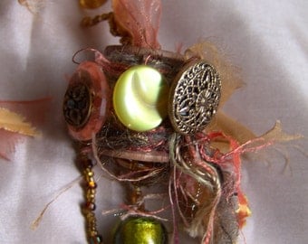 Button Pendant Necklace with Sunny Vintage Buttons, Beads on Ribbon Necklace