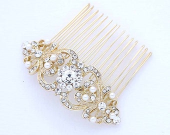 Gold Bridal Hair Comb, Crystal Pearl Bridal Hair Piece, Gold Wedding Hair Accessory, Rhinestone Gold Hair Comb, Gold Bridal Headpiece