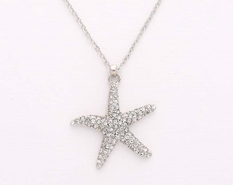 Starfish Necklace, Starfish Charm Necklace, Beach Jewelry, Starfish Bridal Bridesmaid Pendant Necklace, Crystal Silver Beach Jewelry